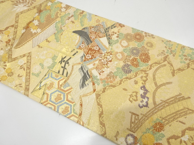 JAPANESE KIMONO / ANTIQUE FUKURO OBI / SILK / WOVEN JUNIHITOE & SCENERY OF MANSION & FLORAL PLANTS